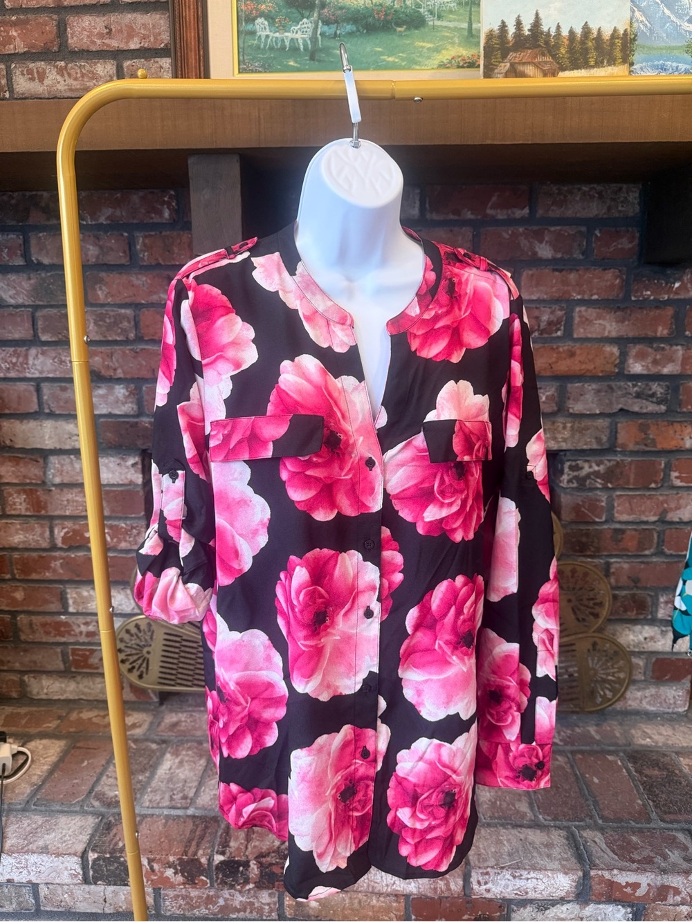 Calvin Klein Black Pink Floral Split Neck Roll Tab Button Front Blouse Top